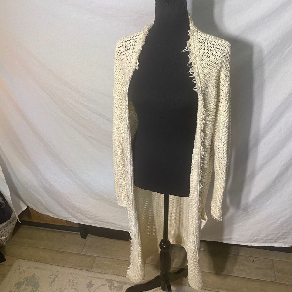 Free People Ivory Cotton Open Knit Duster‎ Cardigan Fringe Trim Small OB471342